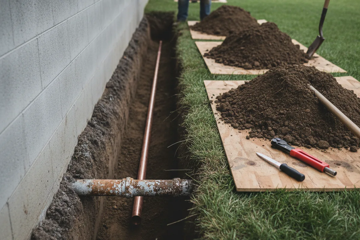 Excavated water line trench during Water Softener Installation in Salt Rock